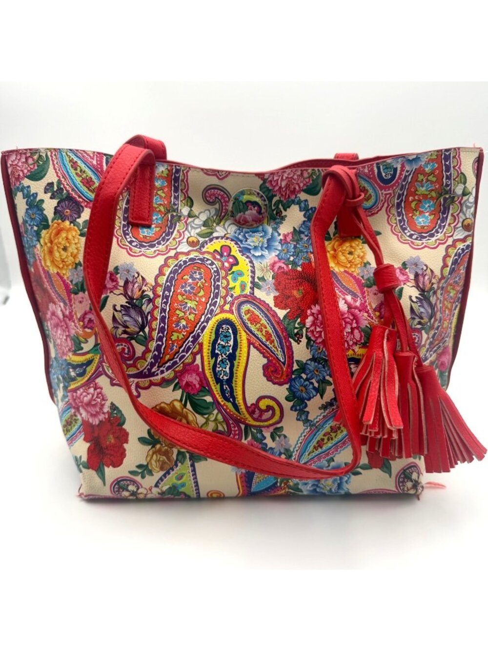 Floral Paisley Tote Bag Red Multicolor Tassel Shoulder Handbag Large Purse